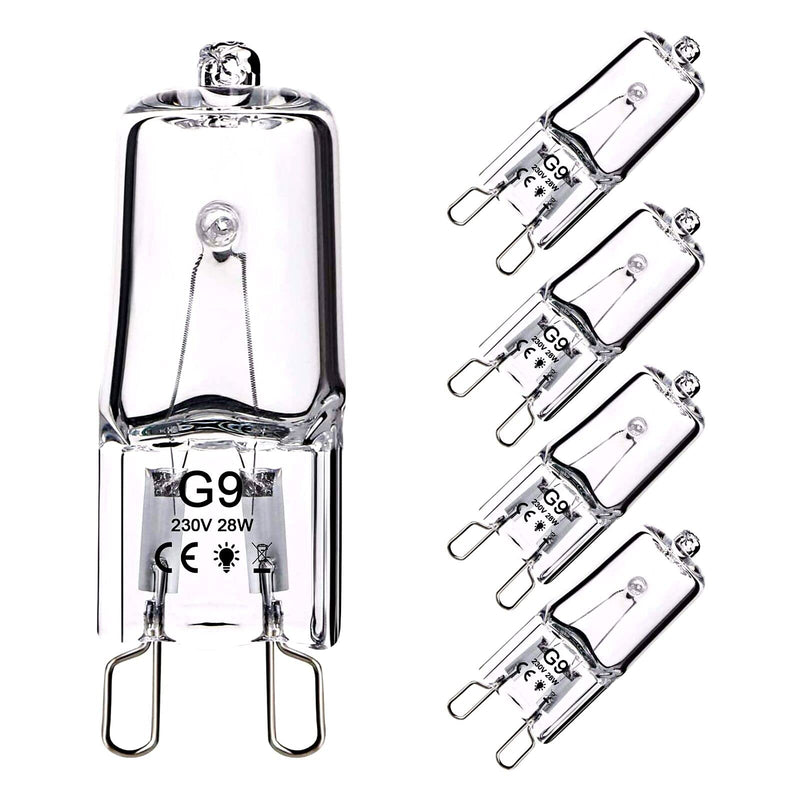 OSDUE G9 Halogen Bulbs, Pack of 5 Capsule Lamps Dimmable 28W 230V Warm White Lamps 2800K for Oven Microwaves Cooker Ceiling Lights 28W 5PCS