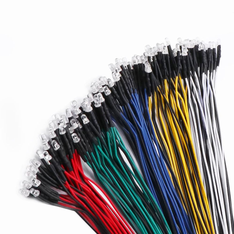 Yixisi 100 x Pre-wired LEDs, Diode Light, 12 V, 3mm, 20 cm, Pre-Wired Light, 5 mm LEDs (Red, Yellow, Green, Blue, White, x 20 each) Multicolor-100