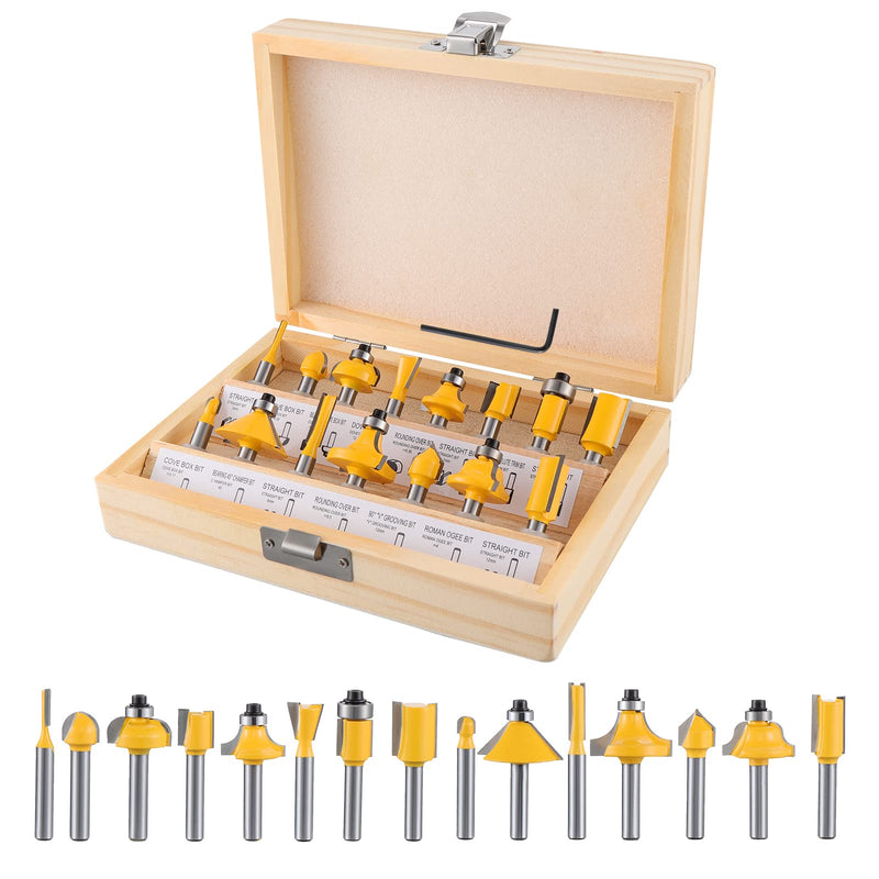 Gueenky 15 pieces cutter for router 6.35 mm shank, router cutter set, tungsten carbide router with shaft 1/4 inch, router set with wooden case for woodworking