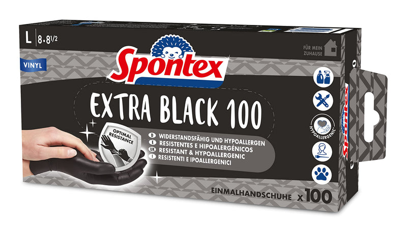 Spontex Extra Black disposable gloves made of vinyl, powder-free and latex-free, versatile, in a practical dispenser box, size L, pack of 100, black