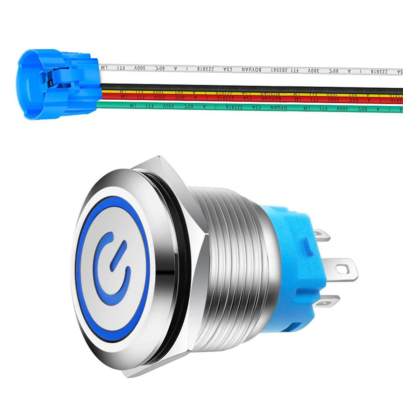 Formed 0.87''/22mm Stainless Steel Push Button Switch 230V AC 3A Power Symbol LED 1NO1NC SPDT On Off Waterproof Toggle Switch with Cable Socket Plug (Blue LED) Blue /220-230v