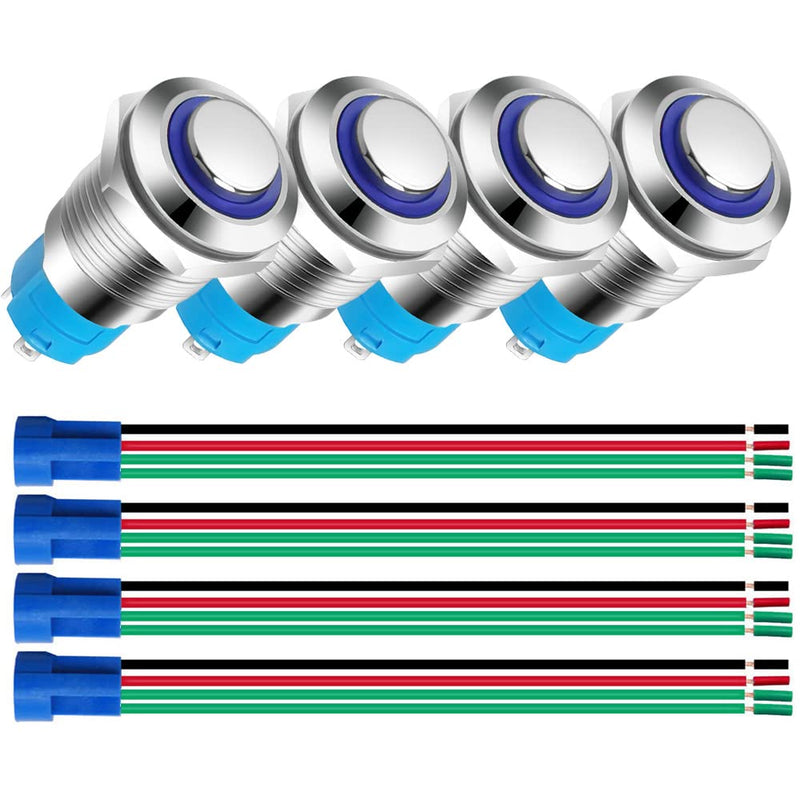 Gebildet Pack of 4 12mm Stainless Steel Button 3V-4.5V-5V-6V-7.5V-9V/5A LED 1NO SPST On/Off Waterproof with Cable Socket Plug (Blue LED) Blue (5v-9v)