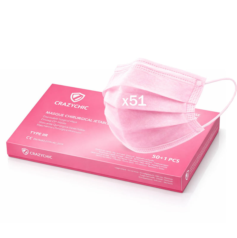 CRAZYCHIC - 51 x Medical Surgical Masks Pink - CE Certified EN14683 Type IIR Surgical Mask - High Filtration BFE >99% Tested - 3-Layer Disposable Protective Mask - Mouth Guard Face Mask x51 Pink