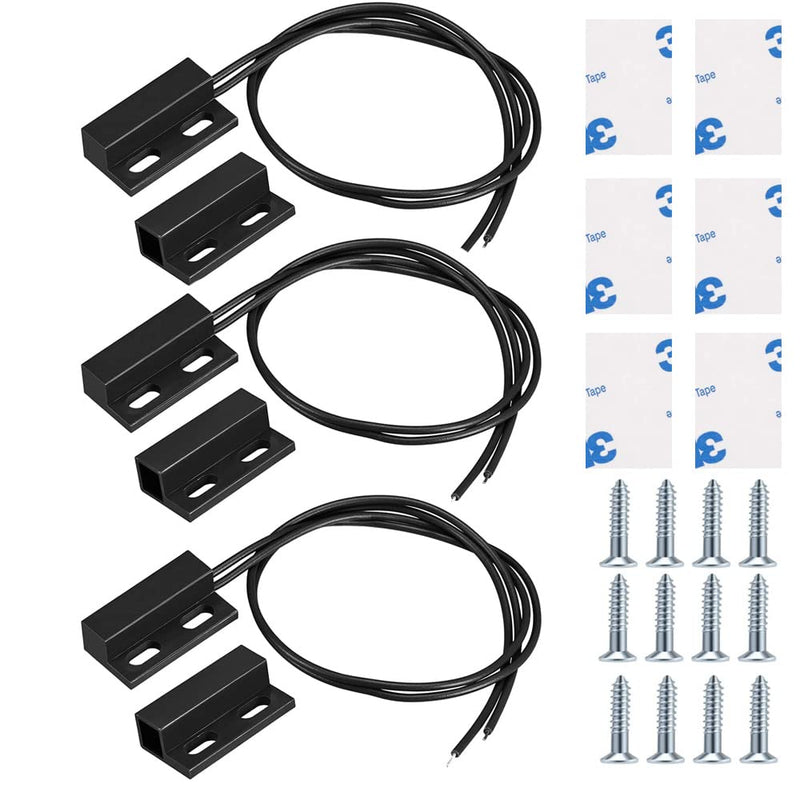 Guuzi 3pcs Wired Surface Mount Door Sensor, Magnetic Reed Switch Black, Normally Closed Magnetic Switch