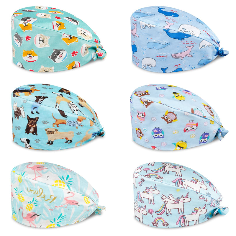 Comius Sharp Pack of 6 Scrubbing Caps, Adjustable Cotton Hood, Headwear, Turban Cap, Printed Soft Caps, Unisex, Hair Cover with Sweatband for Women and Men 30 B