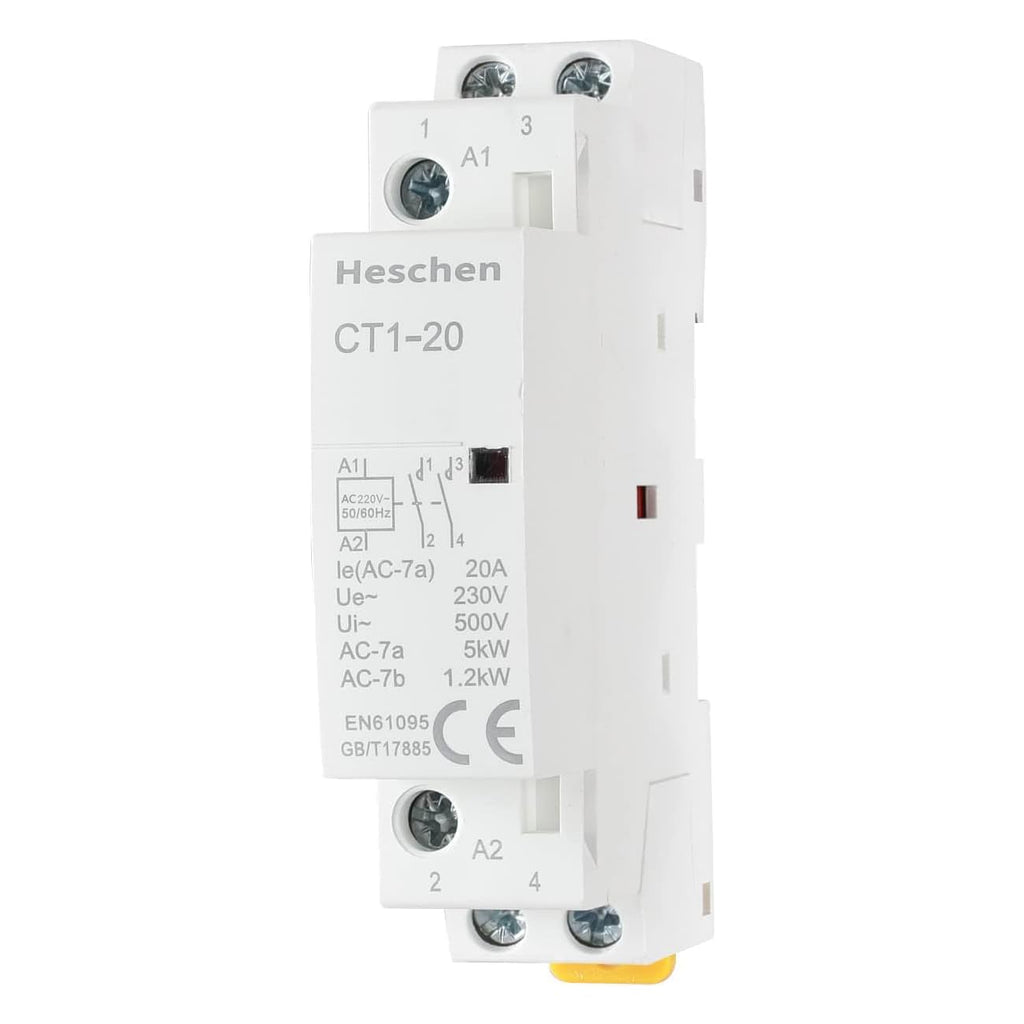 Heschen Household AC Contactor CT1-20 Ie 20A 2 Pin Two Normal Open 220V Coil Voltage 35mm DIN Rail Mounting