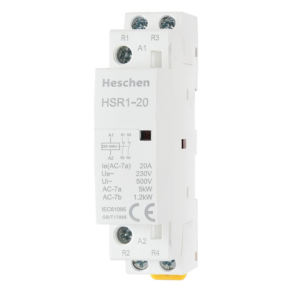 Heschen Household AC Contactor, HSR1-20, Ie 20A, 2 Pole, Two Normally Closed, 220V/240V Coil Voltage, 35mm DIN Rail Mounting