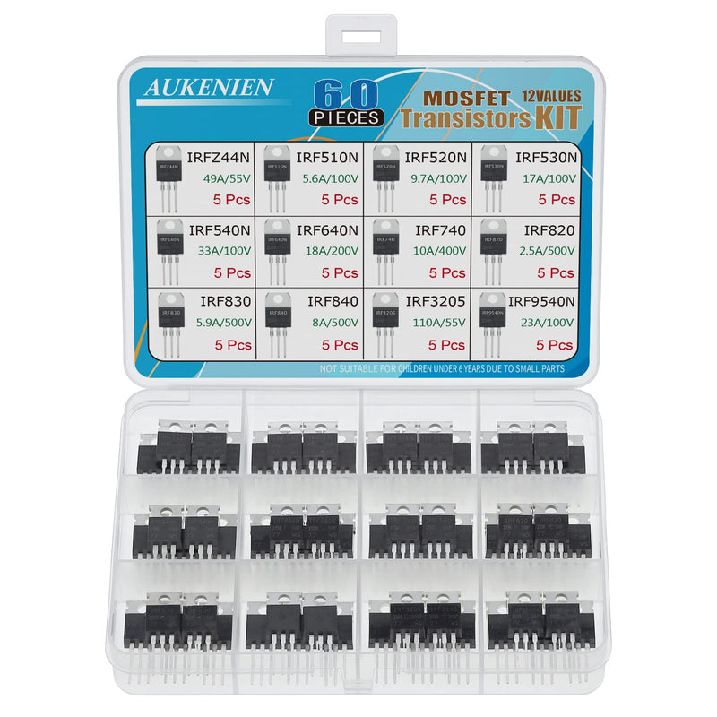 AUKENIEN Mosfet Transistor Kit 12 Values 60 Pieces IRFZ44N IRF510N IRF520N IRF530N IRF540N IRF640N IRF740 IRF820 IRF830 IRF840 IRF3205 IRF9540N TO-220 Mosfet Transistors