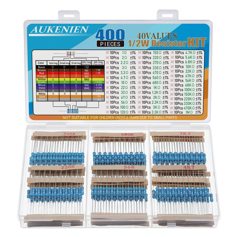 AUKENIEN 1/2W Resistor Assortment 40 Values 400 Pieces Metal Film Resistors 1 to 1M Ohm Resistance Electronic Resistor Kit RoHS Compliant with ± 1% Tolerance 1/2W ±1%