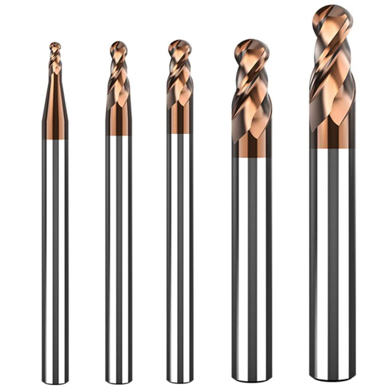 ASNOMY 5-piece solid carbide radius cutter ball nose cutter 2 teeth - AlTiN coating HRC 55, carbide ball nose cutter, CNC engraving cutter for metal, contains 5 radius sizes of 1 mm 1.5 mm 2 mm 3 mm 4 mm 5 pieces radius sizes of 1/1.5/2/ 3/4mm