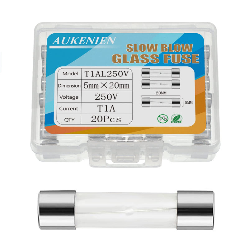 AUKENIEN 1A 1 Amp 250V Slow Glass Fuse 5x20MM T1A Fuses Glass Tube Fuse Fine Fuse Slow Glass Fuse 5X20MM Slow