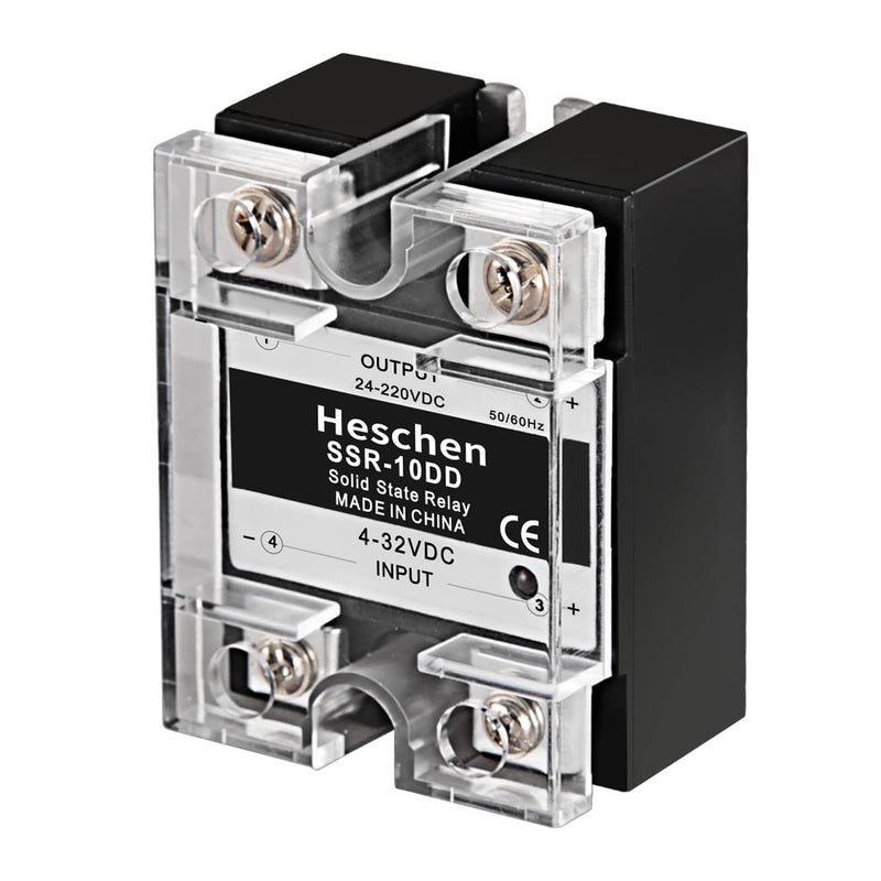 Heschen Single Phase Solid State Relay DC/DC SSR-10DD Input 4-32VDC Output 24-220VDC 10A 50-60Hz