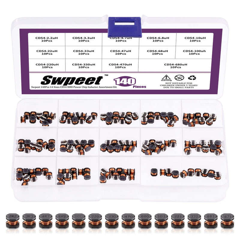 Swpeet 140 pieces 14 values 2.2UH.680UH CD54 wire wound SMD power inductor assortment kit, 5.8 mm chip inductors with 2.2UH 3.3UH 4.7UH 6.8UH 10UH 22UH 47UH 68UH 100UH 220UH 330UH 47UH 68 UH