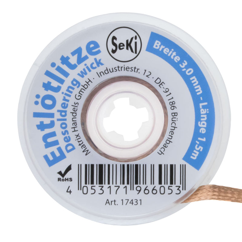 SeKi desoldering suction cable 3.0mm - for removing solder 1.5 meters long; High suction power; desoldering wire; Suction wire 3.0 mm wide