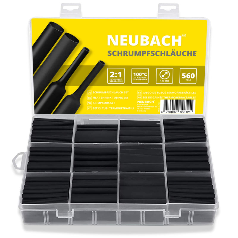 NEUBACH® heat shrink tube set - with 12 sizes between 1-13mm Ø I a total of 560 shrink tubes I Because it is water-repellent and break-resistant, the perfect shrink tube