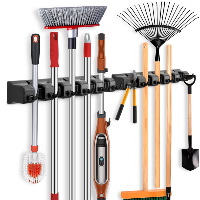 ibell Pack of 2 broom holder wall, device holder wall mount with 10 holders and 12 hooks, broom holder tool holder garden tool holder organizer for home kitchen bathroom garage garden black