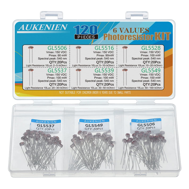 AUKENIEN photoresistor LDR 6 values 120 pieces photoresistor GL5506 GL5516 GL5528 GL5537 GL5539 GL5549 5506 5516 5528 5537 5539 5549 5MM photo resistor photoresistor kit
