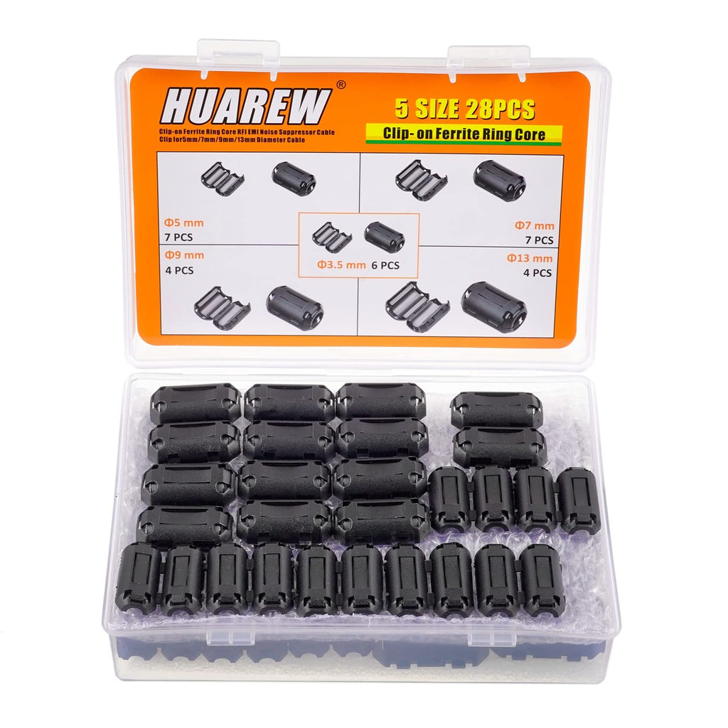 HUAREW 5 Values 28 Pcs Black Clip-on Ferrite Ring Core RFI EMI Noise Suppressor Cable Clip for 3.5mm 5mm 7mm 9mm 13mm Diameter Cable