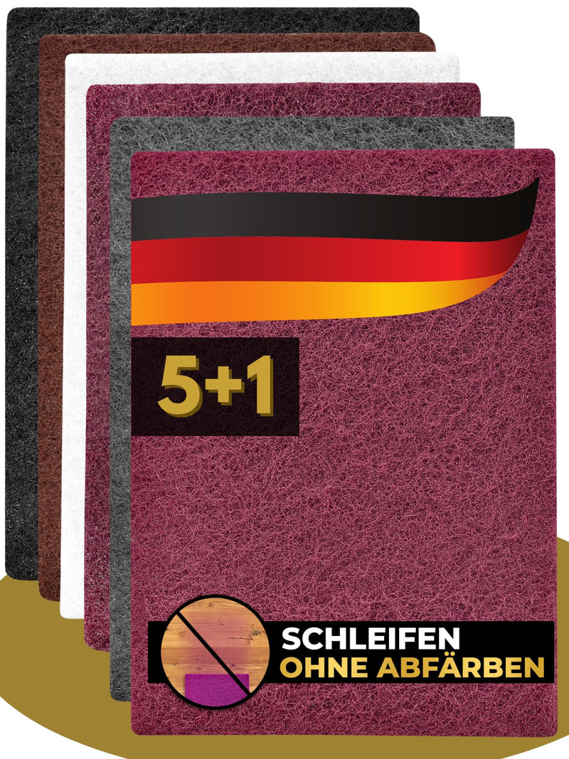 Sanding fleece for sanding wood - Made in Germany - Set of 6: 5 sanding pads with 5 grain sizes 100-1000 + 1 cleaning fleece without grain - 150x210mm - Sanding fleece for wood, metal, stainless steel and much more. Mix set