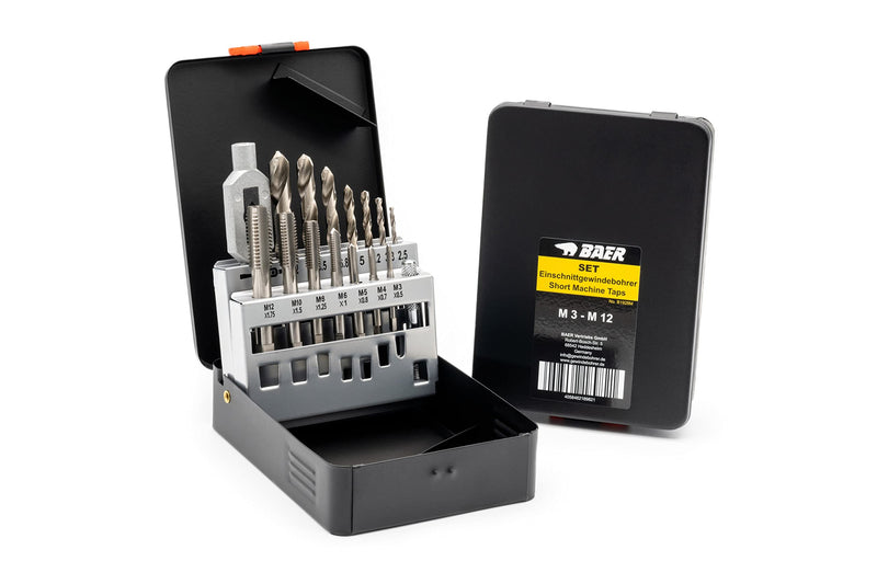 BAER tap set HSSG: single-cut tap, core hole drill, tap wrench: M 3-12 - tap set - drill set - thread cutting - thread cutting set