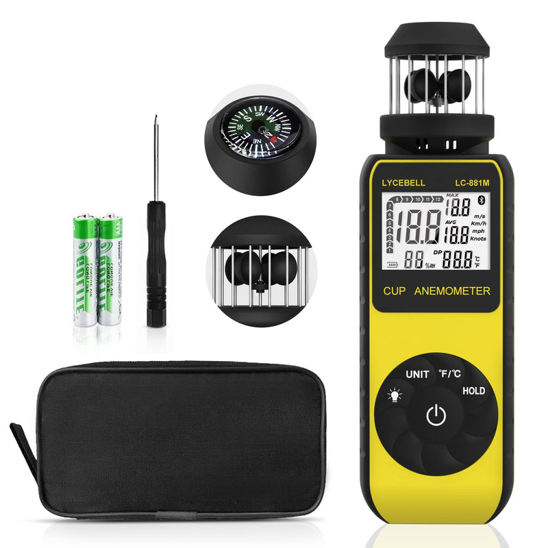 Anemometer Handheld LC-881M Portable Anemometer Wind Speed Meter Measures Wind Speed/Temperature with Compass, 360° Wind Direction Wind Cup Anemometer