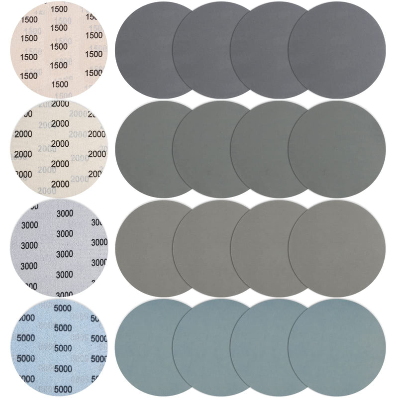 JatilEr Pack of 20 sanding discs 150 mm Velcro, grit 1500/2000/3000/5000 sandpaper Velcro round wet dry water sanding pads eccentric sander sanding paper set for metal wood