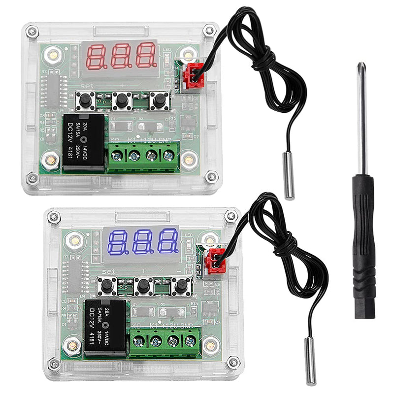 VooGenzek Pack of 2 W1209 Temperature Controller Module with Housing, 12V DC Micro Digital Thermostat -50-110°C Electronic Temperature Temp Control Module Switch, with NTC Sensor Probe (Red & Blue) Temperature Controller with Housing