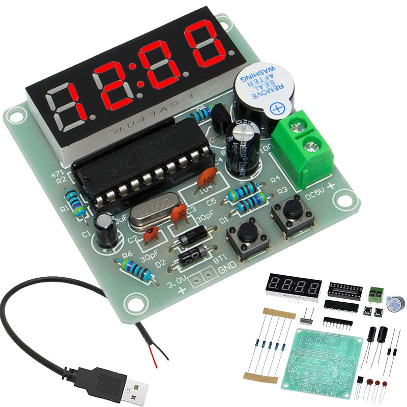 DAOKAI 4 Bits Digital Clock DIY Kit LED Electronic Clock Production PCB Soldering Practice Board for Curriculum Exercises Welding Exercises, with USB 2.0 Plug Cable