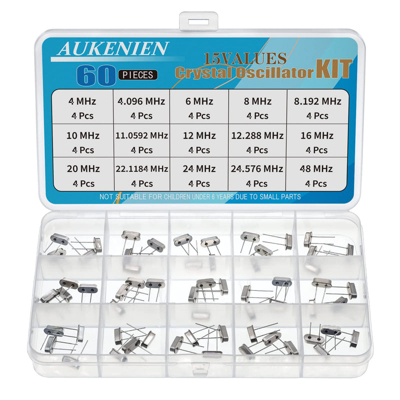 AUKENIEN Crystal Oscillator Kit 15 Values 60 Pieces 4MHz 4.096MHz 6MHz 8MHz 8.192MHz 10MHz 11.0592MHz 12MHz 12.288MHz 16MHz 20MHz 22.1184MHz 24MHz 24.576MHz 48MHz Quartz Crystal Oscillator