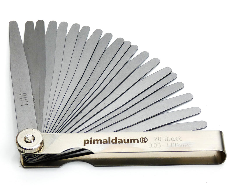 PIMALDAUM® feeler gauge 20 blades, 0.05-1.00 mm, according to DIN 2275, manganese steel for simple and precise measurement and testing of gap widths, thicknesses and distances/gaps