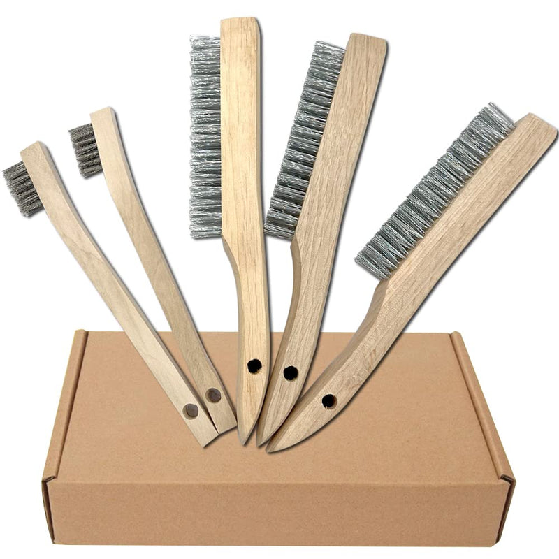 NICAVKIT 5-piece hand wire brush set, wire brushes with wooden handle, 3 x large stainless steel brush 250 mm, 2 x small stainless steel brush 205 mm, metal brush hand wire brush set for metal, wood, grill