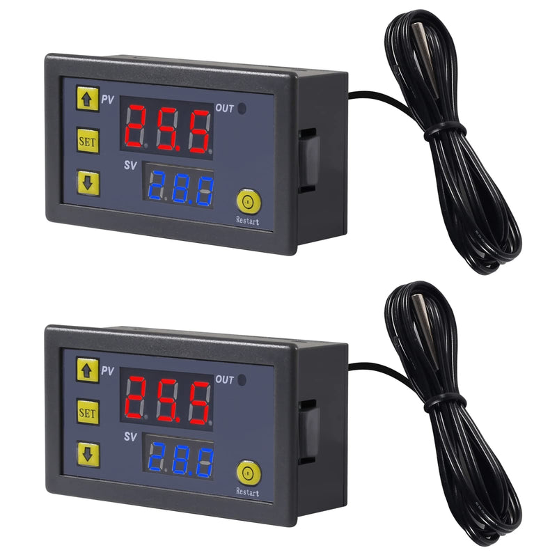 AITRIP 2 pieces W3230 LCD digital thermostat DC 24V 20A temperature controller meter regulator control switch -50-110 degrees Celsius with temperature probe high temperature alarm