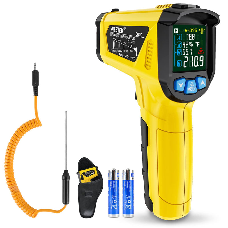 Infrared thermometer laser MESTEK temperature measuring device with K-probe IR pyrometer -50°C to 800°C non-contact color LCD alarm function adjustable emissivity for kitchen