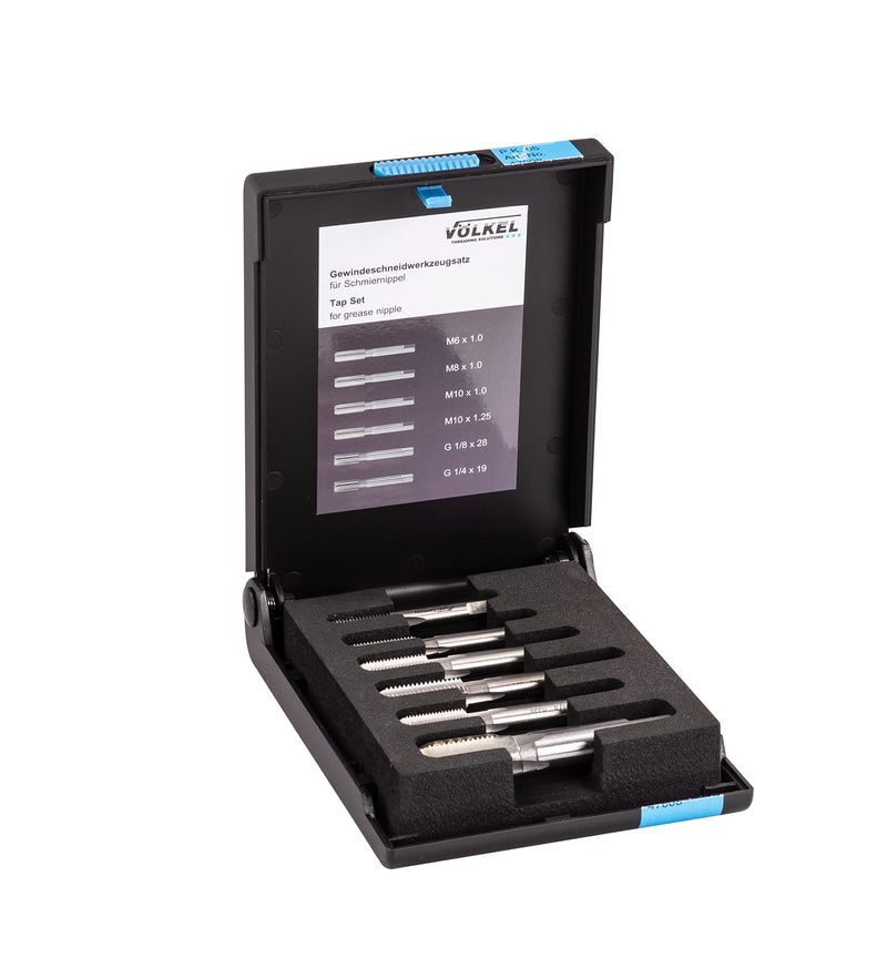 VÖLKEL thread cutter tool set for grease nipples | 6 pcs. Set in plastic box | Professional tap for grease nipple threads | Metric ISO threads and pipe threads G (BSP)