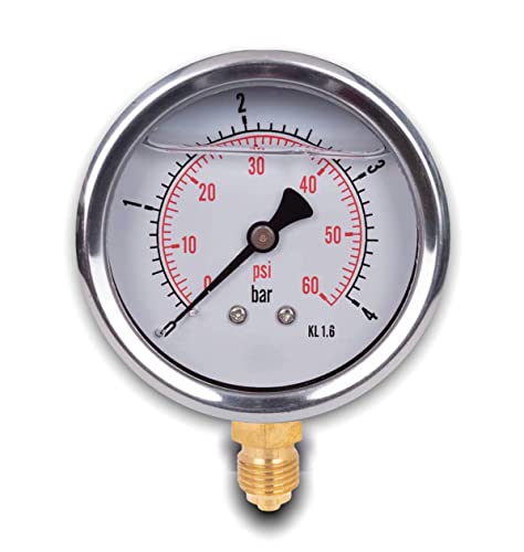 Glycerine Pressure Gauge with Radial Connection, IP65 Stainless Steel 63 mm with Lower Connection, 1/4 Glycerine (0-4 bar) 0-4