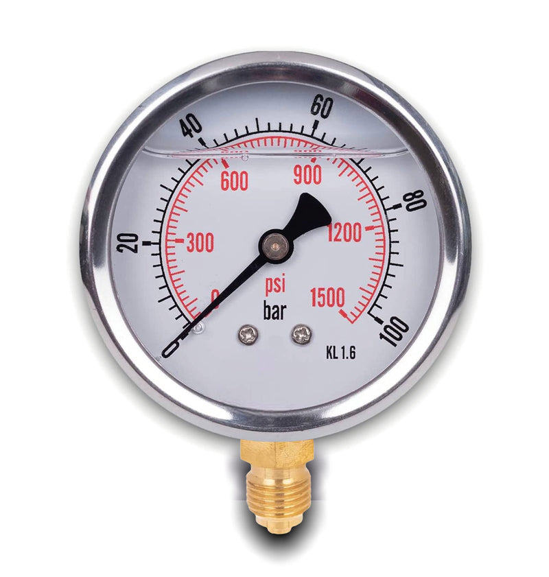 Glycerine pressure gauge with radial connection, IP65 stainless steel 63 mm with bottom connection, 1/4 glycerin (0-100 bar) 0-100