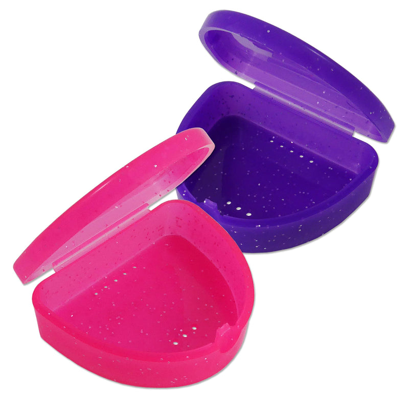 2 x Slim Orthodontic Case - Box for Braces, Whitening Splints, Dentures & More (Glitter Pink & Glitter Purple)
