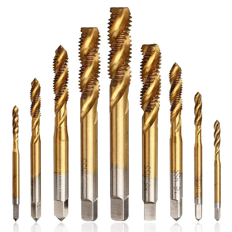Mesee 9 pieces spiral tap, HSS titanium coated tap, spiral groove drill machine tap set, metric thread steel tap set tools - M2 M2.5 M3 M4 M5 M6 M8 M10 M12