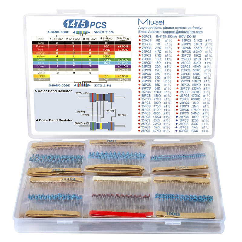 Miuzei 1475 piece resistor assortment contains 52 resistor values kit 1/4W ± 1% high precision metal film 0 ohm to 5.6M ohm resistors set 50 pieces IN4148 switching diodes electronics DIY project