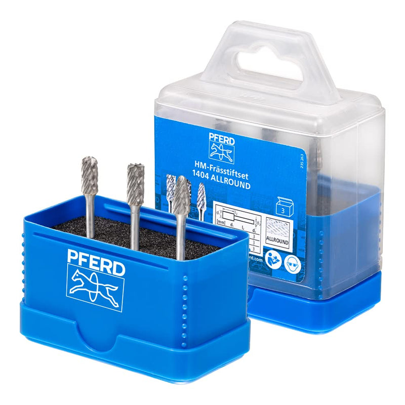 PFERD carbide high-performance small burr set, 3 pieces | ALLROUND cut, shaft ø 3 mm, burr ø 6mm | 21901404 – for universal use on the most important materials ø 6mm