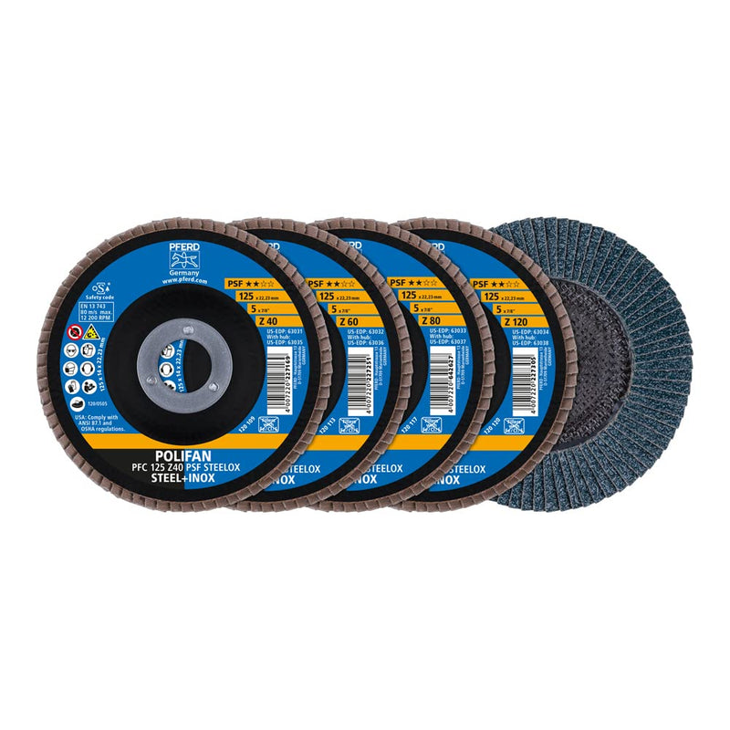 PFERD serrated disc set, 4 pieces | 4x POLIFAN flap disc 125x22.23mm, conical, Z40, Z60, Z80, Z120, universal line PSF STEELOX | 69198300 – for steel and stainless steel (INOX) 5 pieces of zirconium corundum 40 - 120