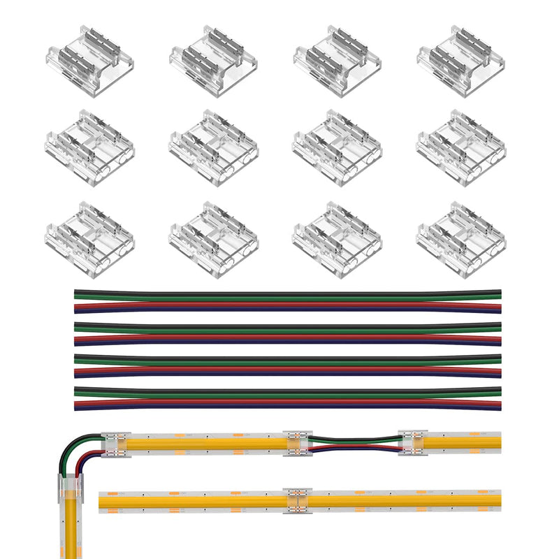 BTF-LIGHTING FCOB CCT RGB 4pin 10mm Connector kit 12pcs Transparent Connector 6pcs 15cm long 22AWG extension cable wire/board to board for gap-free soldering and 4pin LED light corner connection