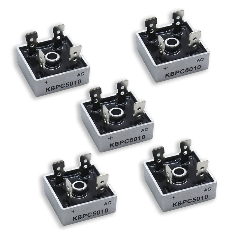 5 Piece KBPC5010 Bridge Rectifier Diode Set, 50 A 1000 V Single Phase Full Wave Metal Housing 4 Pin Through Hole