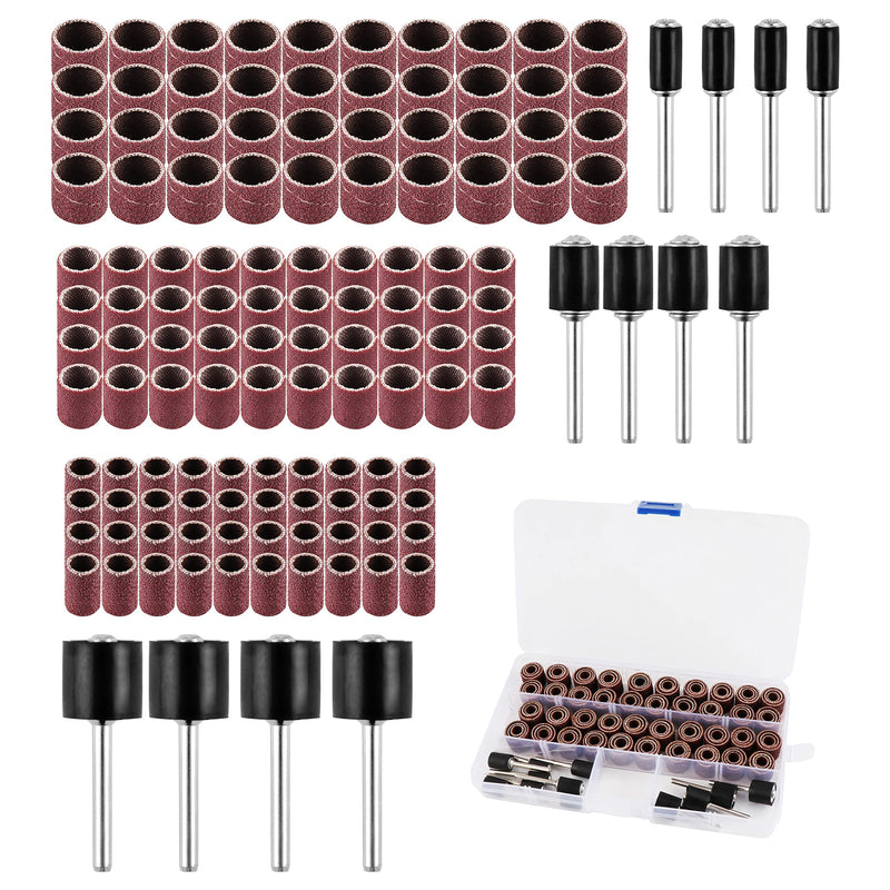 132 pieces sanding sleeve set for Dremel power tools with free box. Including 120 pieces sanding bands and 12 pieces sanding rollers for Dremel rotary tools
