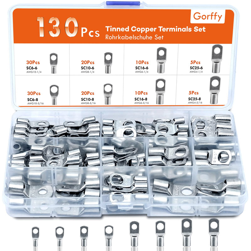 Gorffy cable lugs tubular cable lugs set 130 pieces, cable lugs set 25mm² 16mm² 10mm² 6mm², cable lug assortment for vehicle battery cables, ring cable lugs set M6 M8