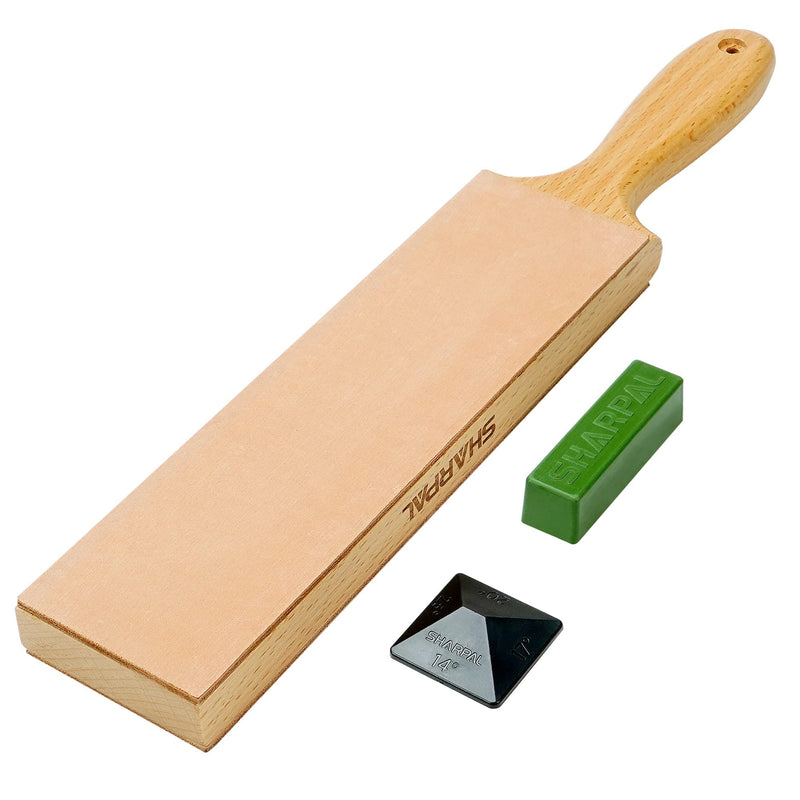 SHARPAL 205H Double Sided Leather Strop (330 x 60mm) Kit with 53g Polishing Paste and Angle Guide, Knife Scraper Block for Sharpening and Honing Knives 205H Leather Strop Set (with Handle)