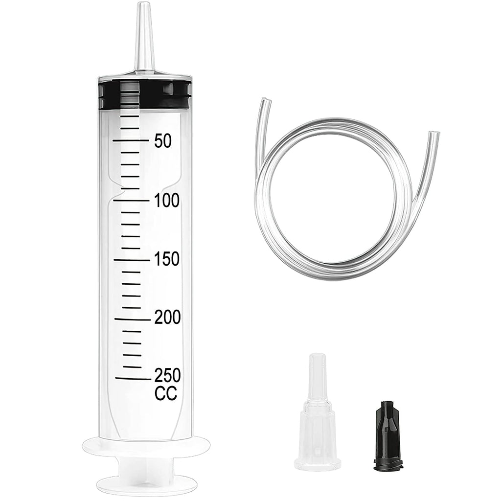 Large Syringe 250ml, Plastic Syringe Reusable Liquid Syringe with Hose and Stopper and Dredging Hose for Laboratory, Industry, Garden and Pet Feeding