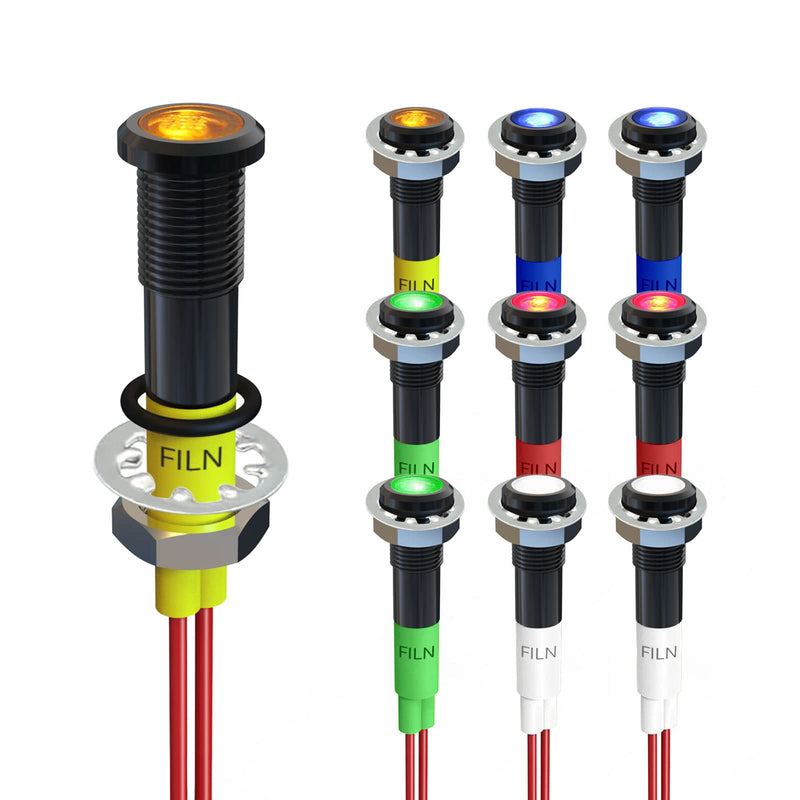 FILN Pack of 10 12V LED indicator light pilot signal lamp 6mm (1/4") 24V red green blue yellow white metal surface lights (black anodized-red2pcs+green2pcs+yellow2pcs+blue2pcs+white2pcs) (red+green+yellow+blue+white) 2 pieces black anodized