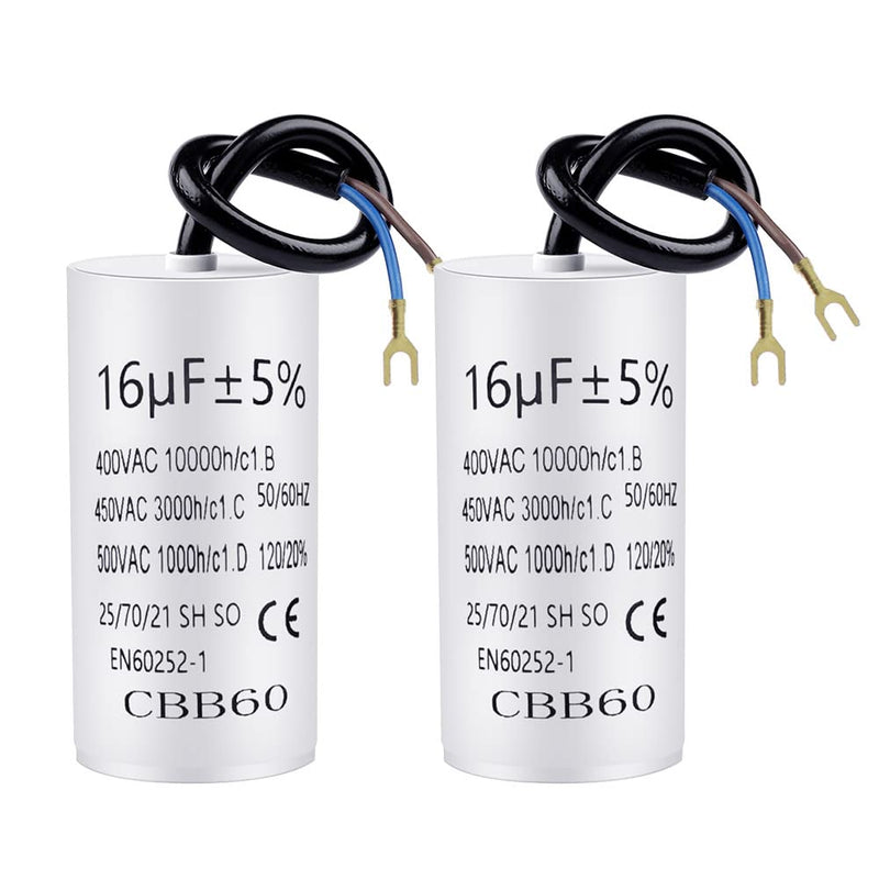 Pack of 2 capacitor CBB60 16µF 450V 50/60 Hz working capacitor with 20cm connection cable and cable lugs starting capacitor motor starting capacitor 16uF | 74x37mm