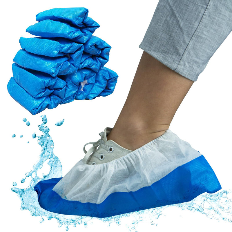 50x ARNOMED disposable shoe covers blue/white, overshoes with waterproof sole, reusable CPE+PP overshoes extra strong, shoe protection cover non-slip 17x40cm, tear-resistant overshoes for construction sites 050 pieces